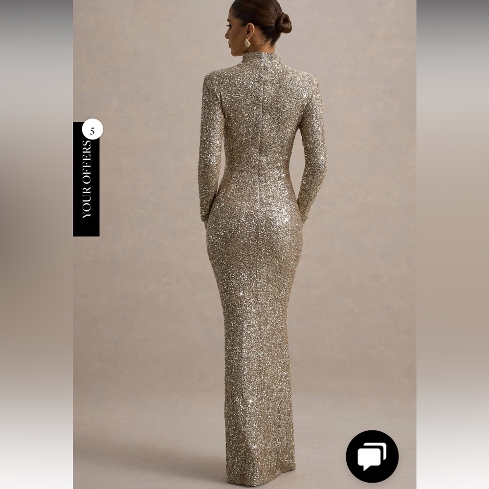 Club L London Galaxy Champagne Sequin Turtle Neck Gold Maxi Dress Size 10 NWT - Picture 2 of 8